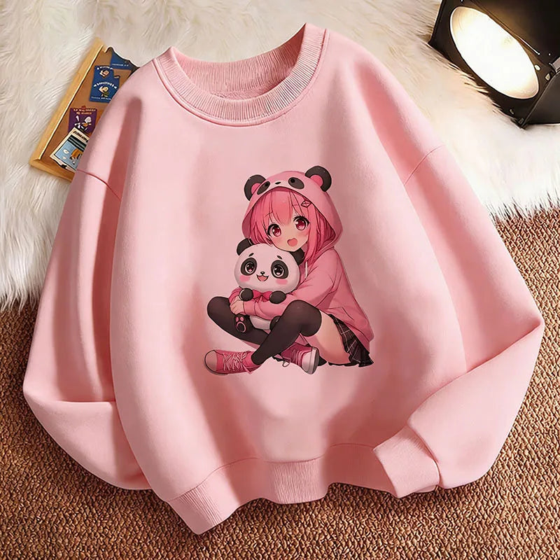 Fashion Anime Japanese Style Girl Children's Pullover Crew Neck Hoodie Sweatshirt Cute Harajuku Hoody Girls Casual Hoodies Kids